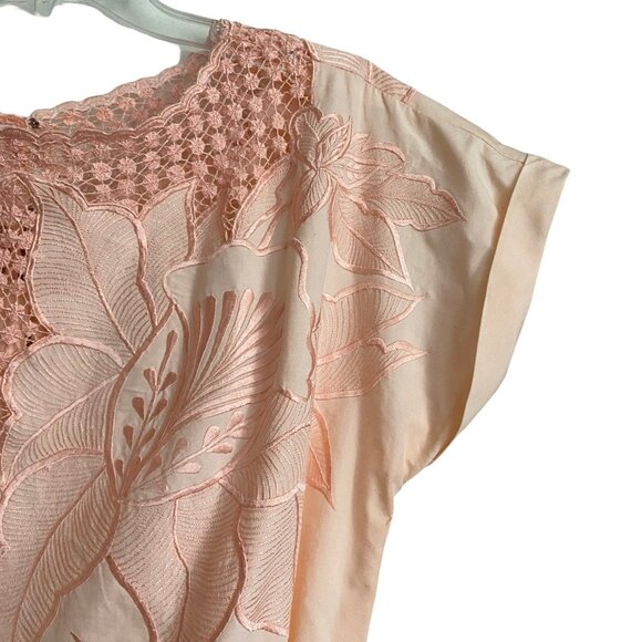 Vintage 70s 80s Midi Dress Lace Cutout Peach Pink M - Picture 3 of 5